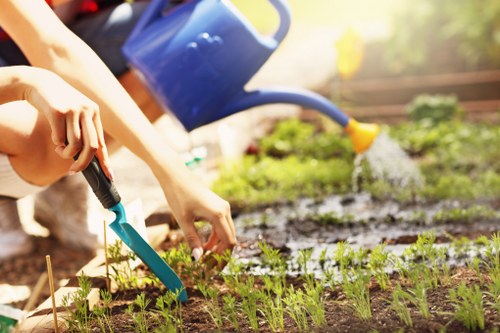 Hard landscaping features including paving and garden structure in Ickenham